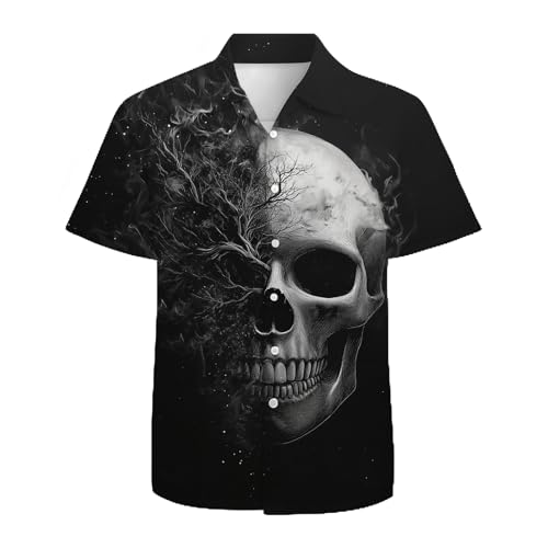 Black Skull Men's Hawaiian Shirt Short Sleeve Floral Button Down Shirts Tropical Holiday Beach Shirts