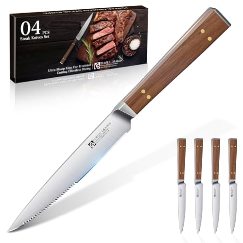 Purple Dragon Set de 4 Cuchillos para Filete Cuchillos para Filete con Cuchilla Ondulada y Mango de Madera Ergonómico Utensilios de Cocina en Acero Inoxidable de Regalo para Mudanza