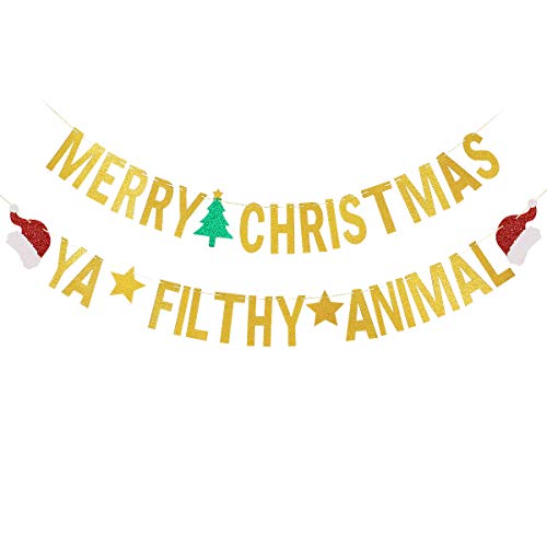 Merry Christmas Ya Filthy Animal Banner Gold Glitter- Christmas Party Decorations, Mantle Christmas Decor, Merry Christmas Ya Filthy Animal Sign, Christmas Decorations for Home Office Mantel, Grinch Christmas Decorations