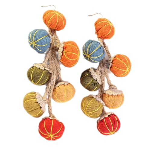 MAKASHOW 秋の女性用ダングルイヤリング。大きなハンドメイド生地のパンプキンとひまわりのデザイン。ステートメントジュエリー。