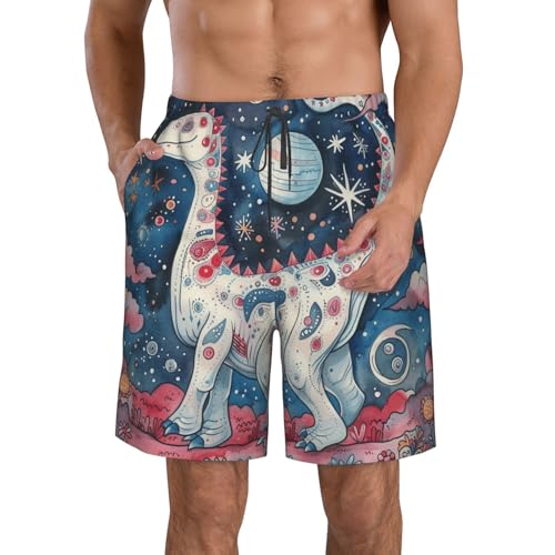 Men's Quick Dry Swim Shorts Cute Dinosaur Sky Stars and Planets Colorful Beach Trunks with Pockets