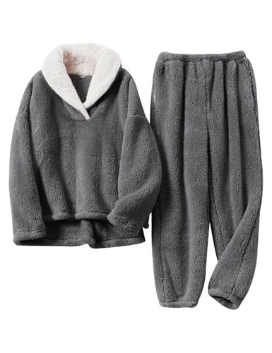 Arssm Mens Fluffy Pajamas Set 2 Piece Fleece Pjs Loose Plush Winter Warm Cozy Loungewear Sleepwear