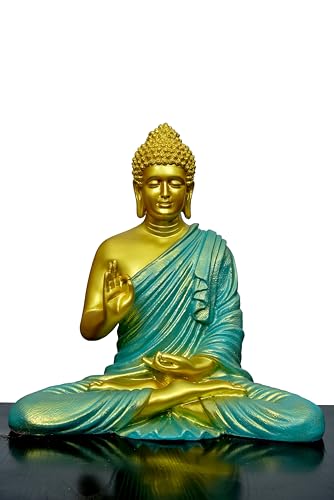 Image of Beautiful Sitting Buddha Idol Statue for Home & Garden Living Room | Healing Spirit Blessing Buddha Statue - 15 Inch Size (Sea Green + Golden)