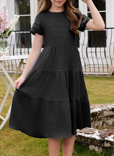 blibean Girls Embroidery Short Sleeve Textured Dresses Size 6-15 Years3
