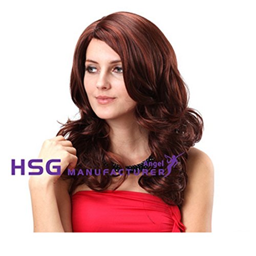 HSG 100% Kanekalon Dark Brown Shoulder Wigs for Women Medium Long Wigs Synthetic Wave Oblique Bang Wigs Real Looking Hair Wigs