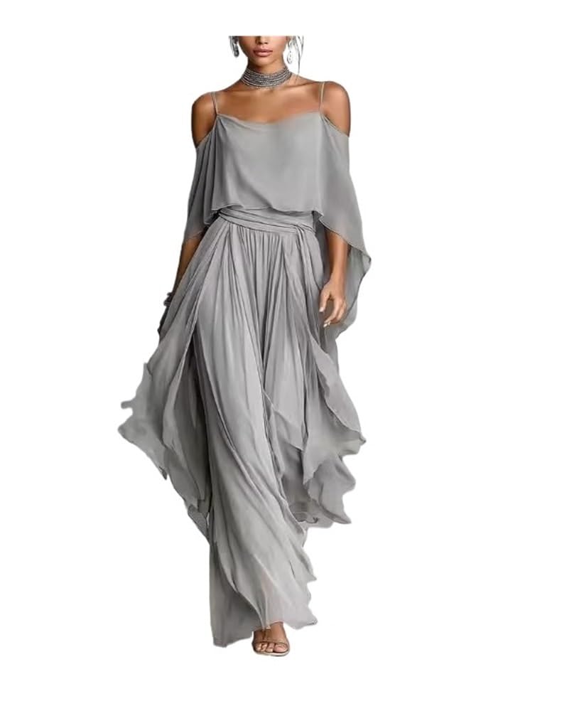 Genérico Conjunto Dos Piezas Elegante Mujer, Top con Hombros al Descubierto y Pantalones Palazzo Anchos Fluidos, Ropa de Verano para Bodas y Eventos Nocturnos