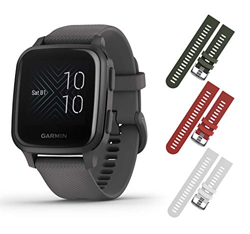 Garmin Venu Sq GPS Fitness Smartwatch and Included Wearable4U 3 Straps Bundle (Khaki/Red/White, Shadow Gray/Slate 010-02427-00)