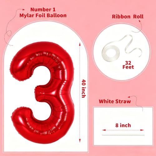 Image of Number Balloons Red Party Balloon - 40 Inch Large Number 3 Balloon, Numbers Balloon Birthday Decorations, Red Party Supplies for Anniversary