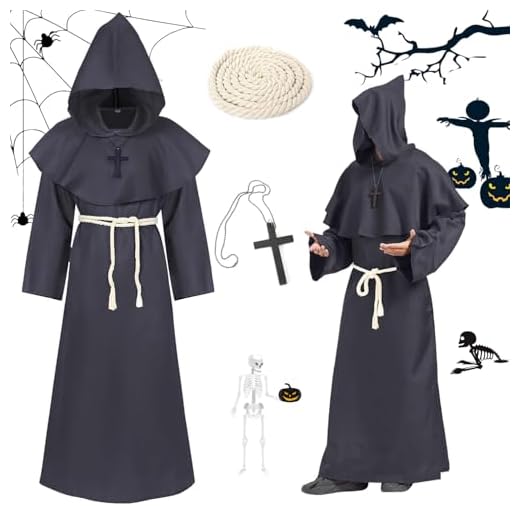 Disfraz de Monje,Sacerdote Traje con Capucha Túnica,Disfraz Monje,Túnica Medieval Renacentista,Medieval Disfraces Cosplay,Halloween Túnica de Monje Capucha,Halloween Carnaval Cosplay para Adultos