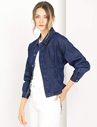 Allegra K Women's Crop Denim Jacket Point Collar Long Sleeve Belted Button Down Jean Jackets Medium Navy Blue #TOP1