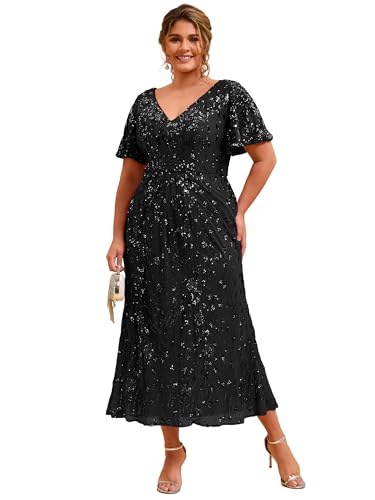 Image of Ever-Pretty Plus Women's Sequin V Neck Plus Size Prom Dress Mermaid Formal Cocktail Evening Dresses for Curvy Women