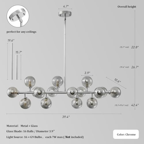 16-Light Mid Century Modern Chandelier: 39.4" Long Linear Chrome Sputnik Chandeliers - Smoke Grey Glass Globe Dining Room Light Fixture - Silver Adjustable Chandelier for Living Room Kitchen Island by ALIYIQI - Image 3