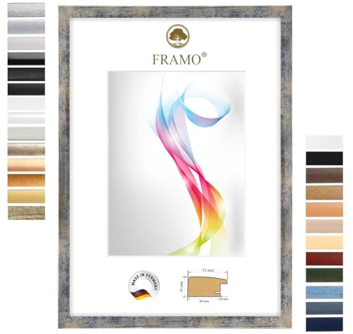 FRAMO Cornice portafoto in legno 35 x 45 cm (misura immagine) in blu e argento dorato, dimensioni a scelta, cornice per poster, puzzle, collage fotografico, realizzata su misura, cornice su misura