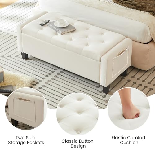 Image of Velvet Storage Ottoman Bench for Bedroom, End of Bed Bench with Button, Side Storage Pockets, Organizer Storage Chest, Upholstered Foot Rest, Load up to 400 lb, for Living Room, Entryway, Beige