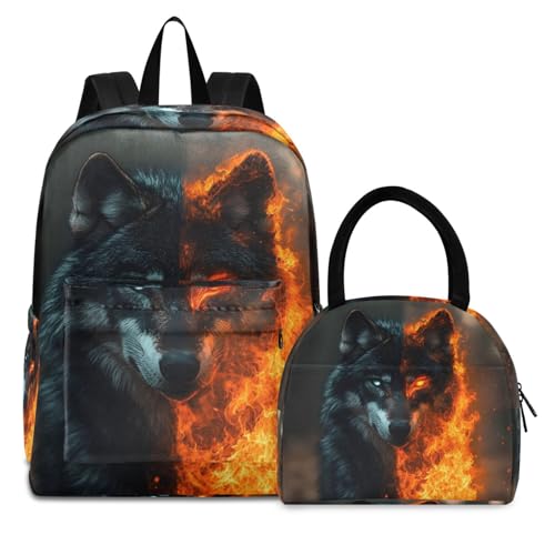 Backpack Lunch Box Set Large Capacity Travel Backpacks and Insulated Lunch Bag for Commute Hiking Picnic Wolf with Flame Print
