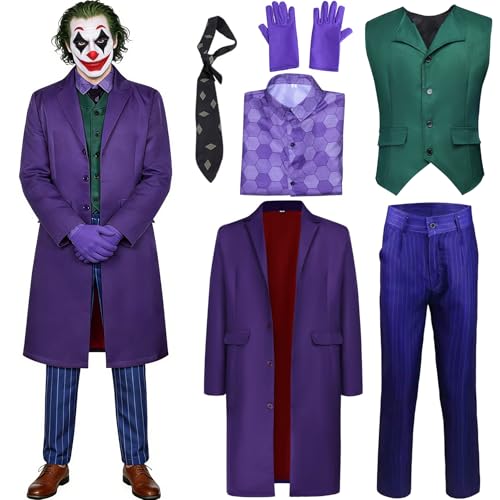 Taechalingo Joker Kostüm Herren,6PCS Horror Clown Kostüm Herren,Clown Cosplay Outfit,Karneval Männer Bösewicht...
