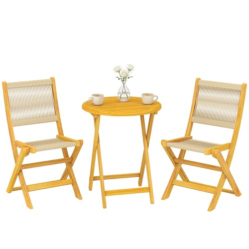 Outsunny Conjunto de Mesa y Sillas de Terraza Exterior de Madera 3 Piezas, Muebles de Jardín Exterior con 2 Sillas Plegables, Asiento Respaldo de Cuerda PP, Mesa Redonda para Patio, Balcón, Natural