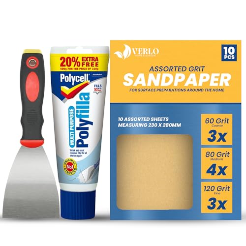 Polyfilla Wall Filler Kit 400g Ready Mixed Crack and Hole Repair Paste with 3 Inch Scraper and 10 Sandpaper Sheets in Three Grits for Interior Walls Plasterboard and Wood Paint Ready