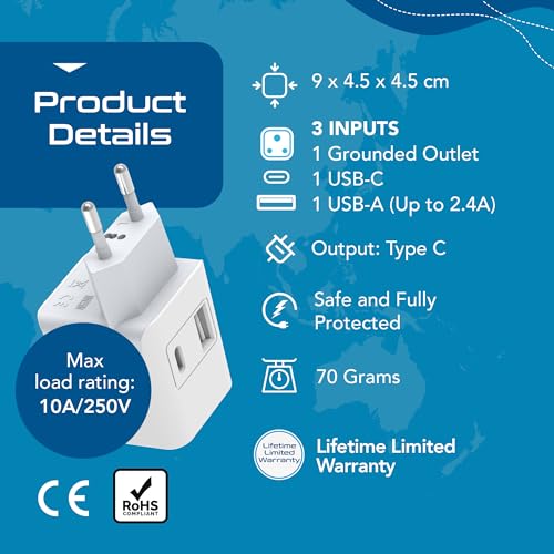 Image of Ceptics Travel Adapter India to Europe, 3 in 1 Plug Adapter for Germany, France With 1 USB, 1 USB-C, Type C for Laptops, Phones, CE - RoHS, White 1pc