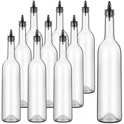 Maxdot 10 Pcs Long Neck Bottle with Pourer 750ml Glass Bordeaux Wine Bottle Clear Empty Wine Bottle Syrup Juice Pour Bottle for Home Bar Wine Liquor Juice Making Wedding Anniversary Party(Plastic) Cover