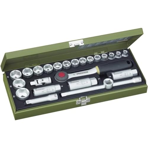 PROXXON Steckschlüsselsatz, Kompaktsatz mit 3/8"-Umschaltratsche, 24-teiliges Werkzeug-Set mit Stahlkasten, 23110