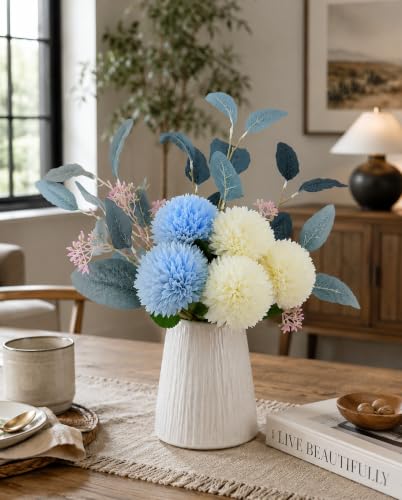 Image of Divyakosh Artificial Chrysanthemum Flower Bouquet, 5 Flowers with Foliage, Blue & White Pom Pom Floral Arrangement, Decorative Artificial Flowers for Living Room, Office & Home Decor