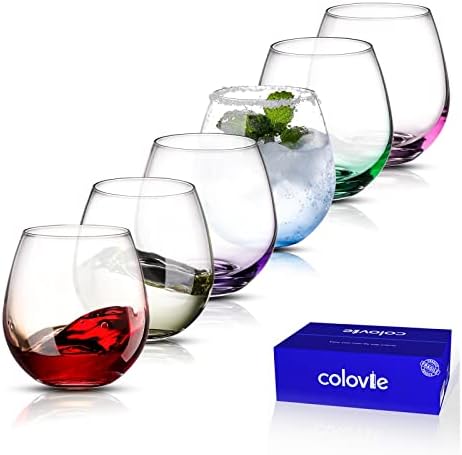 ColoVie Colored Wine Glasses Set of 6, Stemless Wine Glasses, Large 15OZ, Colorful Short Glass Wine Tumbler Set, Red Wine Glasses, White Wine Glasses, Crystal Drinking Glasses, AUXITY Glassware