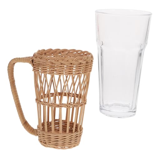 GRIRIW Rattan Glass Beverage Mugs Stein Beer Mug Cups Juice Glasses Clear Coffee Mug Cottagecore Decor Espresso Mugs Water Glasses Clear Glasses Retro Drinking Glasses Rattan Vase Pp Vine