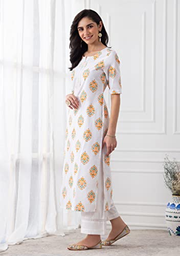 Image of Rhysley White Multi-Colour Motif Printed Cotton Kurta