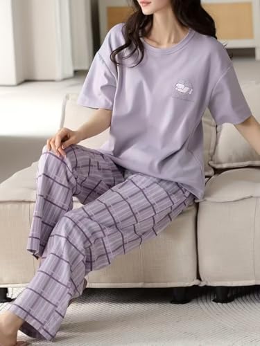 Image of SHIENZY Women Korean Style Night Suit | Round Neck Short Sleeve Cute Printed Cotton Pajama Set for Girls & Women | Soft Nightwear, Loungewear, Sleepwear for Women | Full Pyjama Set | Co-ord Set