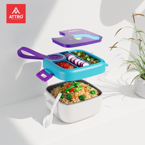 Image of ATTRO KidsMate Horse Lunch Box Stainless Steel Comes with 1 Detachable Tray| Leak-Proof & Durable | Plastic Spoon | Ideal for Kids, School, Picnic - Blue Purple - 500ml