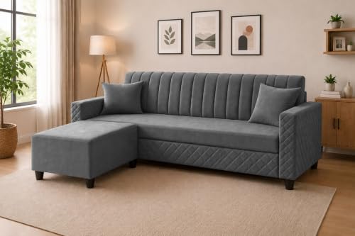 Image of 3 Seater Velvet Sofa with Ottoman | Modern Upholstered Couch | Quilted Design | Soft Comfortable Seating | Sturdy Wooden Frame | Living Room, Office - Grey
