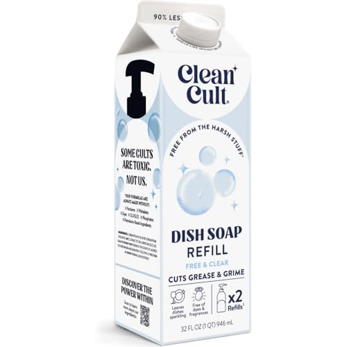 Cleancult Dish Soap Liquid Refill (32oz 1 Pack) - Plant Based Cleaning Power - Dish Soap that Cuts Grease & Grime - Free of Harsh Chemicals - Uses 90% Less Plastic - Free & Clear