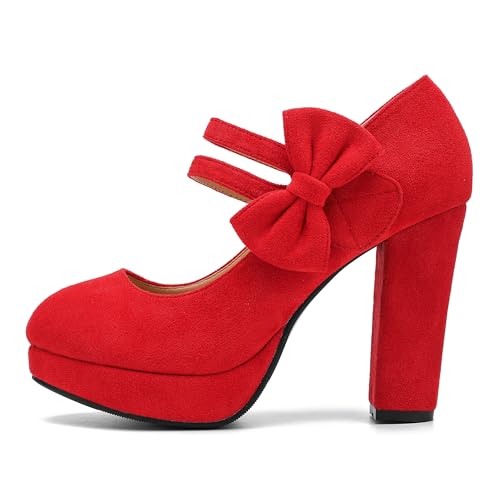Image of MAIERNISI JESSI Women's Platform Mary Jane Pumps with Bow, 3.94 Inch Block Heel Dress Shoes