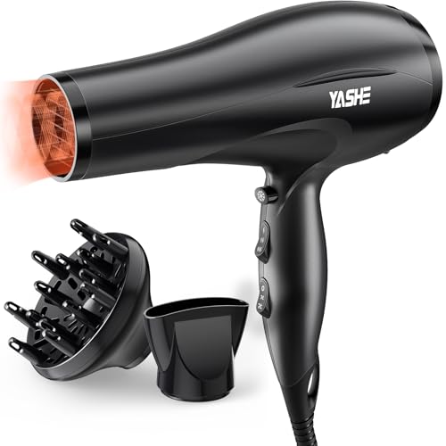 YASHE HD-8009BF Secador de Pelo Profesional, Secador de Pelo Iónico de Salón de 2400W con Difusor y Boquilla, Secado Rápido con 2 Velocidades, 3 Ajustes de Calor y Botón de Frío