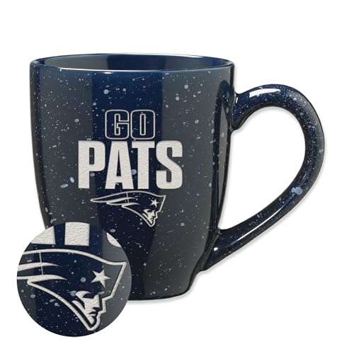 Rico Industries NFL Football New England Patriots Go Pats 16 oz Team Color Laser Engraved Speckled Ceramic Coffee Mug