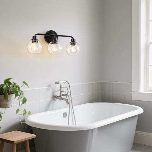 Image of Bathroom Light Fixtures Black Vanity Light, 3 Light Modern Wall Sconces Lighting Bathroom Lights with Globe Clear Glass Shades, Bath Wall Lights Wall Lamp for Mirror Kitchen Living Room Hallway | Wall Sconces Lighting with Globe Clear Glass Shades, Bath Wall Lights Wall Lamp for Mirror Kitchen Living Room Hallway
