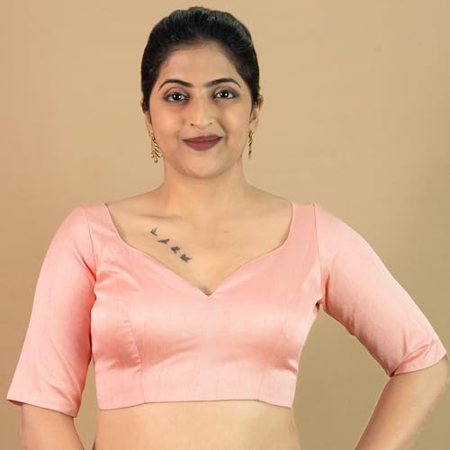 Image of FIGURE'S DESIGNER Women's Dupion Raw Silk Half Elbow Sleeves Sweetheart V Neck Sabyasachi Cut Readymade Saree Blouse S10