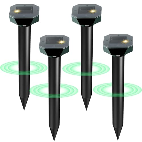 Snake & Mole & Rabbit & Skunk Repellent Solar Powered, 2025 Upgraded Ultrasonic Deterrent, IP65 Waterproof, Gopher Groundhog Chipmunk Raccoon and Vole Repellent & Deterrent for Lawn & Garden, 4 Pack