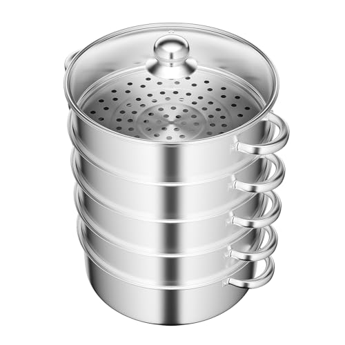 ROGONPDK 5 Tier Steamer Cooker Steam Pot Set | Large Capacity Stainless Pan Cook Food Veg Pots | Double Handle Food Steaming With Glass Lid (Thickened) (28cm)