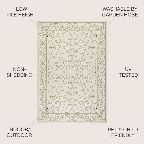 Image of JONATHAN Y Vintage Filigree Indoor Outdoor Area Rug 8X10 Cream /Green, Charleston Textured Weave for Backyard, Patio, Porch, Easy-Cleaning, High Traffic, Pet-Friendly, Non-Shedding (SMB106I-8)