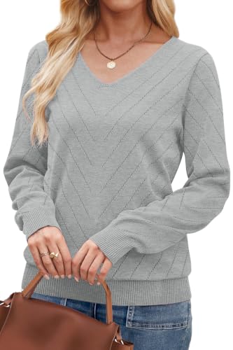Image of WIHOLL Sweaters for Women V Neck Casual Knit Long Sleeve Tops Lightweight Pullover Clothes Fall Fashion Outfits 2026