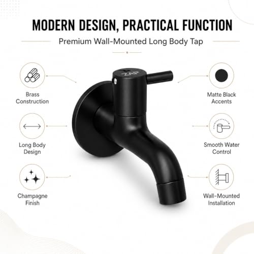 Image of ZAP Elixir Series Brass Long Body Tap, Champagne and Matte Black Wall Mount Faucet for Bathroom Wash Basin and Kitchen Sink, Rust-Resistant Modern Water Tap