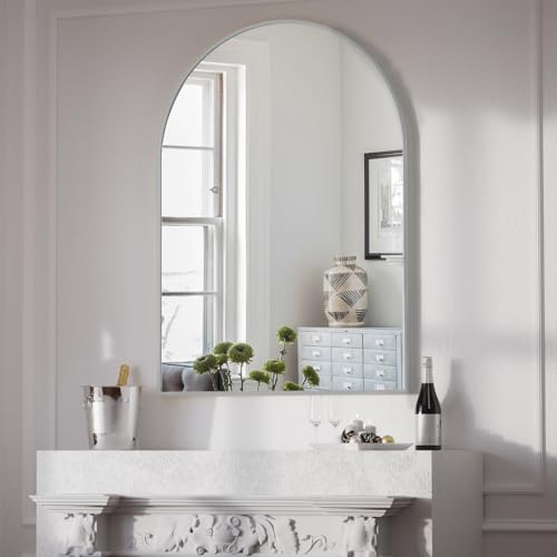 Image of BEAUTYPEAK 30 inchx40 inch Arch Bathroom Mirror, Wall Mounted Vanity Metal Frame Mirror for Bedroom, Entryway, Living Room, Silver