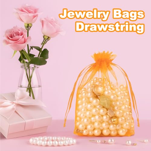 Image of Crweety 50 Pcs Orange Organza Bags 3x4 Inch, Small Gift Bags Bulk for Jewelry Candy Soap Makeup Sachet, Cute Mini Mesh Gift Bag Drawstring for Wedding Baby Shower Birthday Party Favors & Graduation