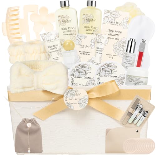 Image of 37Pcs Spa Gifts, WHITE ROSE JASMINE Bath & Body Gift Basket, Face Skin Kit | Home Spa Gift Set for Women, Self-Care Kit, Beauty Care Kit, Spa Bath Kit with Necklace, Birthday, Christmas, Anniversary
