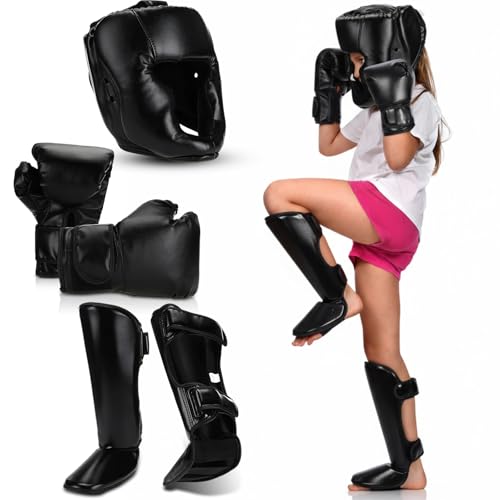 Arrowbash 5 Pcs Boxing Guards Set for Kids with Sparring Headgear, 6oz Boxing Gloves and Leg Shin Guards Wrestling Headgear for Youths Teens Boys Girls Kickboxing Karate Muay Thai BJJ Training
