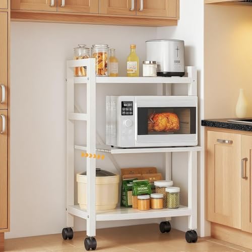 TUIYIDUO キッチンラック 食器棚 電子レンジラック 3段 奥行32x幅25x高さ70cm スライド式 収納棚 耐荷重50kg キャスター付き 頑丈 耐食性 多機能 キッチン収納 空間活用 フック付き 組み立て簡単 台所 浴室 寝室 リビングに最適