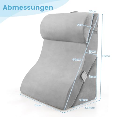 COSTWAY Lesekissen für Bett und Sofa, Venenkissen zum Beine hochlagern, 3-teiliges orthopädisches Keilkissen-Set nach Operationen gegen Schnarchen, Sodbrennen & Rückenschmerzen (Grau)
