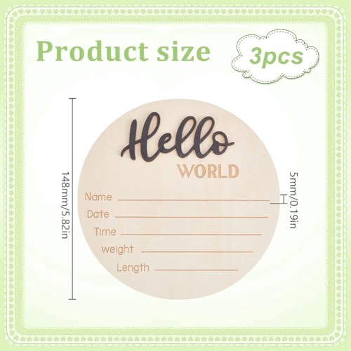 Image of 3Pcs Newborn Announcement Sign 5.9Inches Wooden Hello World Board Newborn Welcome Sign Round Information Board Decroation and Gifts Black for Hospital Home Nursery